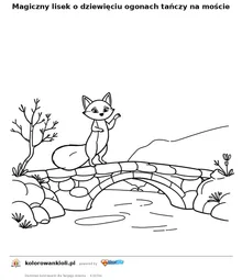 Magiczny lisek o dziewieciu ogonach tanczy na moscie — kolorowanka do wydruku dla dzieci