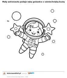 Mały astronauta podaje rękę gwiazdce z uśmiechniętą buzią — kolorowanka do wydruku dla dzieci