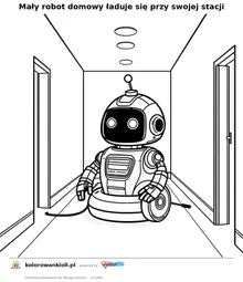 Mały robot domowy ładuje się przy swojej stacji — kolorowanka do wydruku dla dzieci