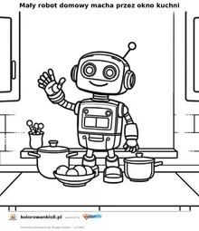 Mały robot domowy macha przez okno kuchni — kolorowanka do wydruku dla dzieci