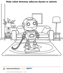 Mały robot domowy odkurza dywan w salonie — kolorowanka do wydruku dla dzieci
