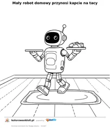 Mały robot domowy przynosi kapcie na tacy — kolorowanka do wydruku dla dzieci