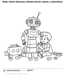 Mały robot domowy układa klocki razem z dzieckiem — kolorowanka do wydruku dla dzieci