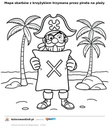 Mapa skarbów z krzyżykiem trzymana przez pirata na plaży — kolorowanka do wydruku dla dzieci