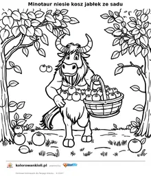 Minotaur niesie kosz jablek ze sadu — kolorowanka do wydruku dla dzieci