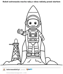 Robot astronauta macha ręką z okna rakiety przed startem — kolorowanka do wydruku dla dzieci