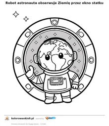 Robot astronauta obserwuje Ziemię przez okno statku — kolorowanka do wydruku dla dzieci