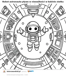 Robot astronauta pływa w nieważkości w kabinie statku — kolorowanka do wydruku dla dzieci