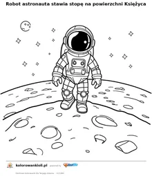 Robot astronauta stawia stopę na powierzchni Księżyca — kolorowanka do wydruku dla dzieci