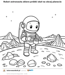 Robot astronauta zbiera próbki skał na obcej planecie — kolorowanka do wydruku dla dzieci