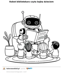 Robot bibliotekarz czyta bajkę dzieciom — kolorowanka do wydruku dla dzieci