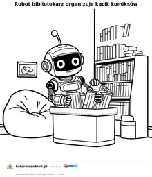 Robot bibliotekarz organizuje kącik komiksów — kolorowanka do wydruku dla dzieci