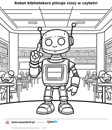 Robot bibliotekarz pilnuje ciszy w czytelni — kolorowanka do wydruku dla dzieci