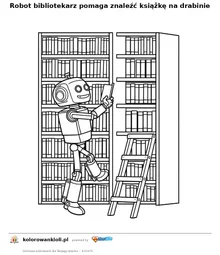Robot bibliotekarz pomaga znaleźć książkę na drabinie — kolorowanka do wydruku dla dzieci