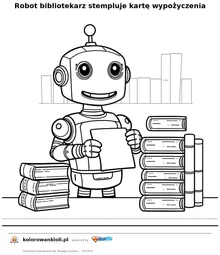 Robot bibliotekarz stempluje kartę wypożyczenia — kolorowanka do wydruku dla dzieci