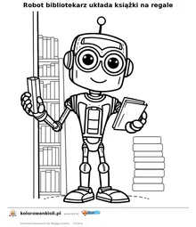 Robot bibliotekarz układa książki na regale — kolorowanka do wydruku dla dzieci