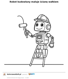 Robot budowlany maluje ścianę wałkiem — kolorowanka do wydruku dla dzieci