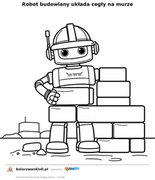 Robot budowlany układa cegły na murze — kolorowanka do wydruku dla dzieci