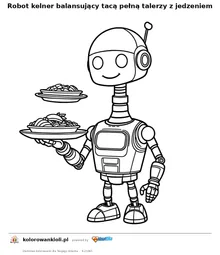 Robot kelner balansujący tacą pełną talerzy z jedzeniem — kolorowanka do wydruku dla dzieci