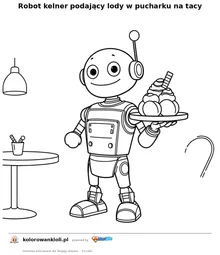 Robot kelner podający lody w pucharku na tacy — kolorowanka do wydruku dla dzieci