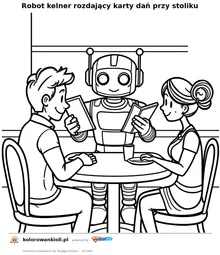 Robot kelner rozdający karty dań przy stoliku — kolorowanka do wydruku dla dzieci