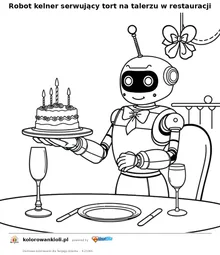 Robot kelner serwujący tort na talerzu w restauracji — kolorowanka do wydruku dla dzieci