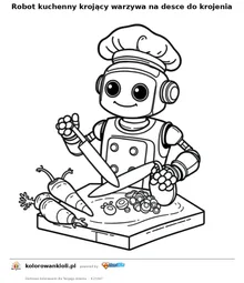 Robot kuchenny krojący warzywa na desce do krojenia — kolorowanka do wydruku dla dzieci