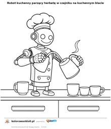 Robot kuchenny parzący herbatę w czajniku na kuchennym blacie — kolorowanka do wydruku dla dzieci