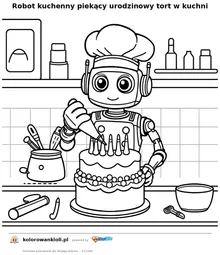 Robot kuchenny piekący urodzinowy tort w kuchni — kolorowanka do wydruku dla dzieci