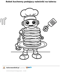 Robot kuchenny podający naleśniki na talerzu — kolorowanka do wydruku dla dzieci