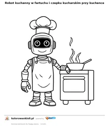 Robot kuchenny w fartuchu i czepku kucharskim przy kuchence — kolorowanka do wydruku dla dzieci