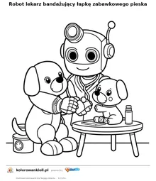 Robot lekarz bandażujący łapkę zabawkowego pieska — kolorowanka do wydruku dla dzieci