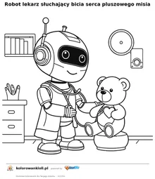 Robot lekarz słuchający bicia serca pluszowego misia — kolorowanka do wydruku dla dzieci