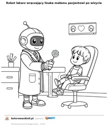 Robot lekarz wręczający lizaka małemu pacjentowi po wizycie — kolorowanka do wydruku dla dzieci