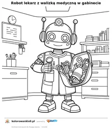 Robot lekarz z walizką medyczną w gabinecie — kolorowanka do wydruku dla dzieci
