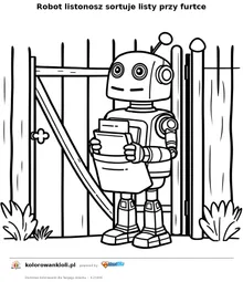 Robot listonosz sortuje listy przy furtce — kolorowanka do wydruku dla dzieci