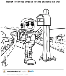 Robot listonosz wrzuca list do skrzynki na wsi — kolorowanka do wydruku dla dzieci