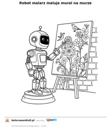 Robot malarz maluje mural na murze — kolorowanka do wydruku dla dzieci