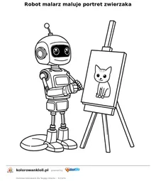 Robot malarz maluje portret zwierzaka — kolorowanka do wydruku dla dzieci