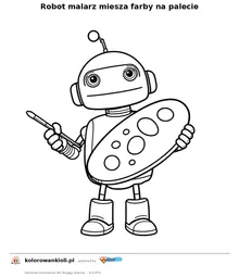 Robot malarz miesza farby na palecie — kolorowanka do wydruku dla dzieci
