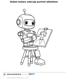 Robot malarz szkicuje portret ołówkiem — kolorowanka do wydruku dla dzieci
