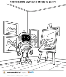 Robot malarz wystawia obrazy w galerii — kolorowanka do wydruku dla dzieci