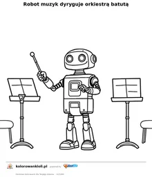 Robot muzyk dyryguje orkiestrą batutą — kolorowanka do wydruku dla dzieci