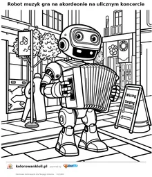 Robot muzyk gra na akordeonie na ulicznym koncercie — kolorowanka do wydruku dla dzieci