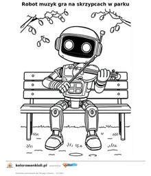 Robot muzyk gra na skrzypcach w parku — kolorowanka do wydruku dla dzieci