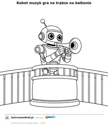 Robot muzyk gra na trąbce na balkonie — kolorowanka do wydruku dla dzieci