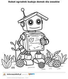 Robot ogrodnik buduje domek dla owadów — kolorowanka do wydruku dla dzieci