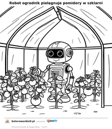 Robot ogrodnik pielęgnuje pomidory w szklarni — kolorowanka do wydruku dla dzieci