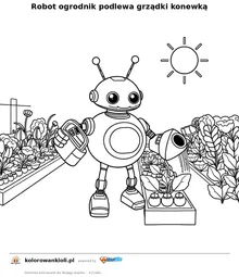 Robot ogrodnik podlewa grządki konewką — kolorowanka do wydruku dla dzieci