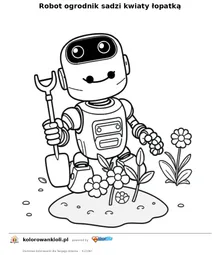 Robot ogrodnik sadzi kwiaty łopatką — kolorowanka do wydruku dla dzieci